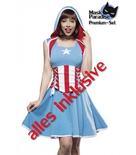 Kostüm Komplettset Major America von Mask Paradise besteht aus einem Kleid, einem Bolero und einer Unterbrustcorsage