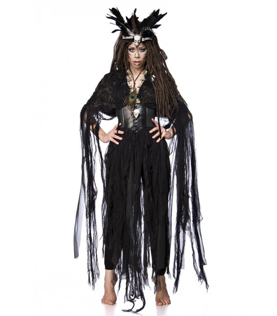 Voodo-Hexenkostüm - Vodoo Witch Kostümtset von Mask Paradise, bestehend aus Fransencape, Federkrone, Totenkopfkette, Gürtel und 