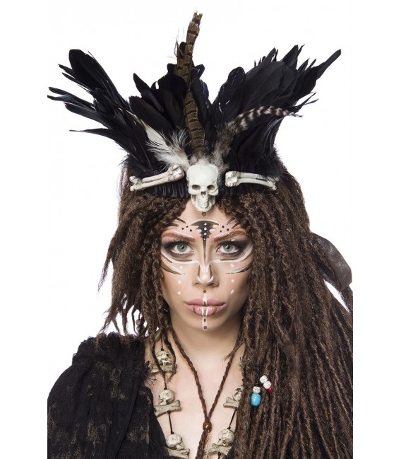 Voodo-Hexenkostüm - Vodoo Witch Kostümtset von Mask Paradise, bestehend aus Fransencape, Federkrone, Totenkopfkette, Gürtel und 