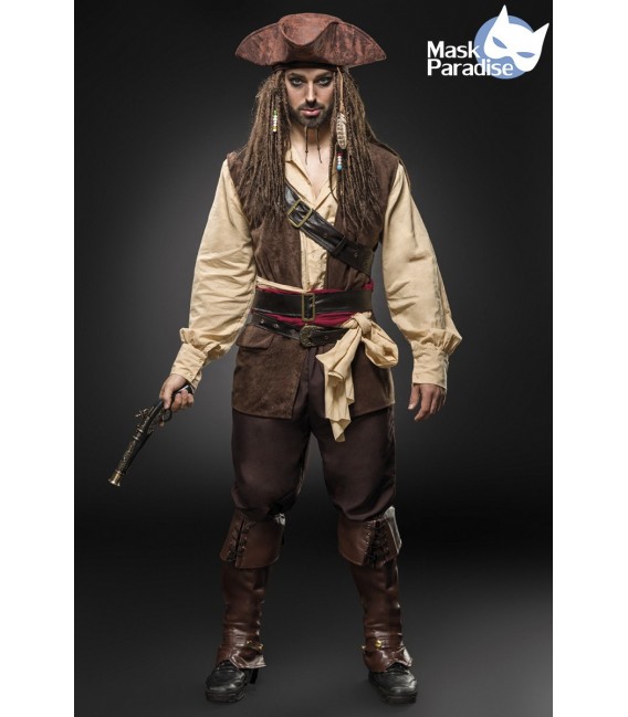 Piraten-Kostümset Captain Jack von Mask Paradise besteht aus Pistole, Hut, Kopftuch, Hemd, Weste, Hose, Beinstulpen, 2 Tücher, 3