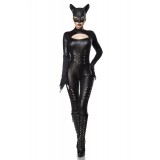 Catwoman Kostüm von Mask Paradise. Kostümset besteht aus Wetlook-Overall mit langen Armen, Katzenmaske und Krallen-Handschuhe