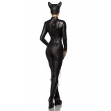 Catwoman Kostüm von Mask Paradise. Kostümset besteht aus Wetlook-Overall mit langen Armen, Katzenmaske und Krallen-Handschuhe