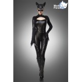 Catwoman Kostüm von Mask Paradise. Kostümset besteht aus Wetlook-Overall mit langen Armen, Katzenmaske und Krallen-Handschuhe