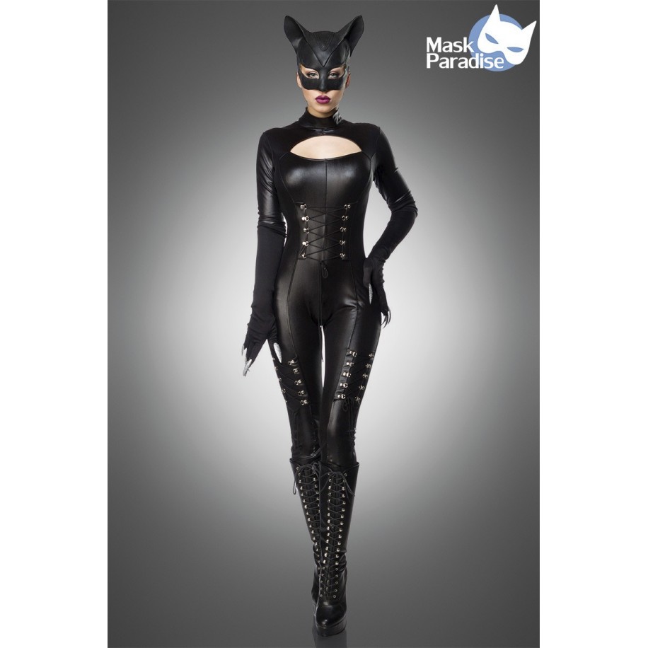 Catwoman Kostüm von Mask Paradise. Kostümset besteht aus Wetlook-Overall mit langen Armen, Katzenmaske und Krallen-Handschuhe