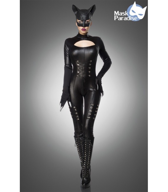 Catwoman Kostüm von Mask Paradise. Kostümset besteht aus Wetlook-Overall mit langen Armen, Katzenmaske und Krallen-Handschuhe