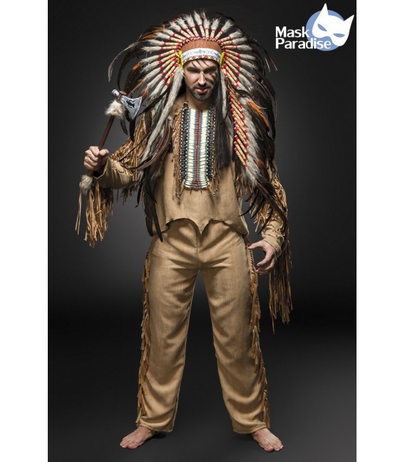 ndianerkostüm: Native American Herren von Mask Paradise - Oberteil, Hose, Tomahawk, Kopfschmuck und Indianerschmuck