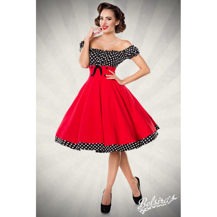 Schulterfreies Swing-Kleid mit Tellerrock von Belsira rot/schwarz/weiß