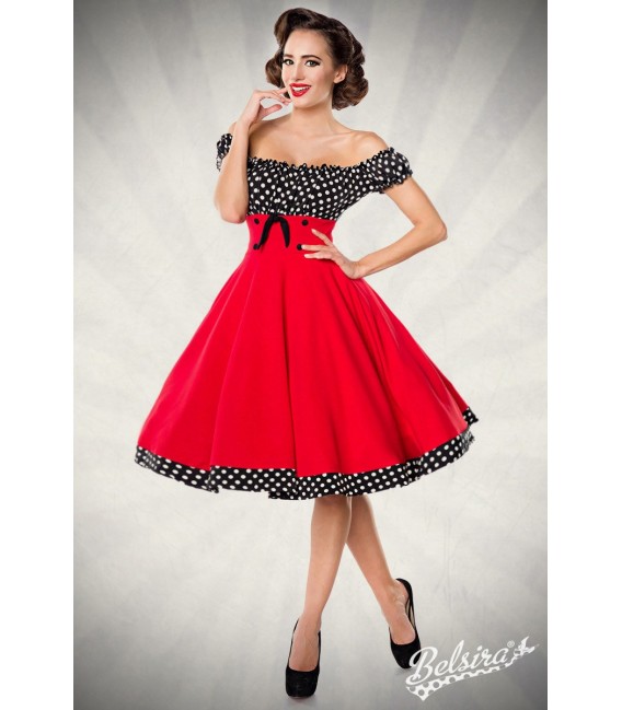 Schulterfreies Swing-Kleid mit Tellerrock von Belsira rot/schwarz/weiß