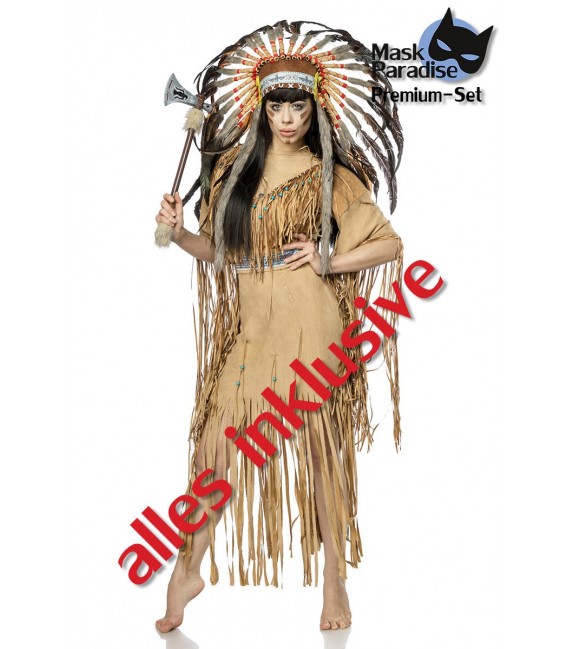 Indianerinkostüm: Native American von Mask Paradise  Kostümset Kleid mit Gürtel, Kopfschmuck und Tomahawk