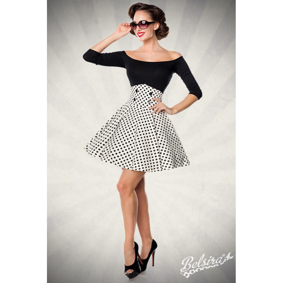 Kurzer Swing-Rock von Belsira in High Waist Optik mit extra breitem Bund weiß/schwarz