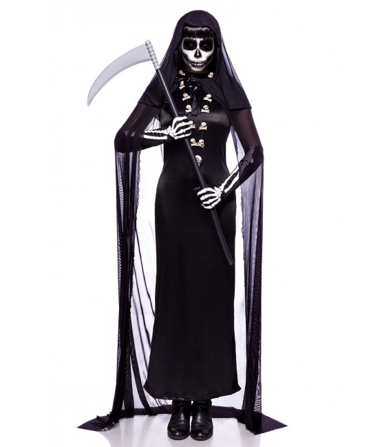 Horrorkostüm Lady Death Kostümset von Mask Paradise besteht aus Kleid, Umhang, Sense, Handschuhe, Knochenkette