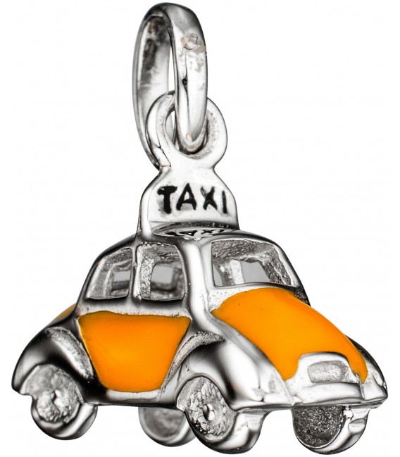 Kinder Anhänger Auto / Taxi 925 Silber mit gelber Lackeinlage Kinderanhänger Bild1