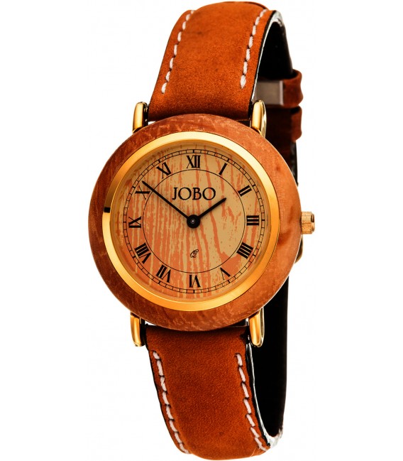 JOBO Damen Armbanduhr mit Holz Quarz Analog vergoldet Lederband braun Damenuhr Bild1