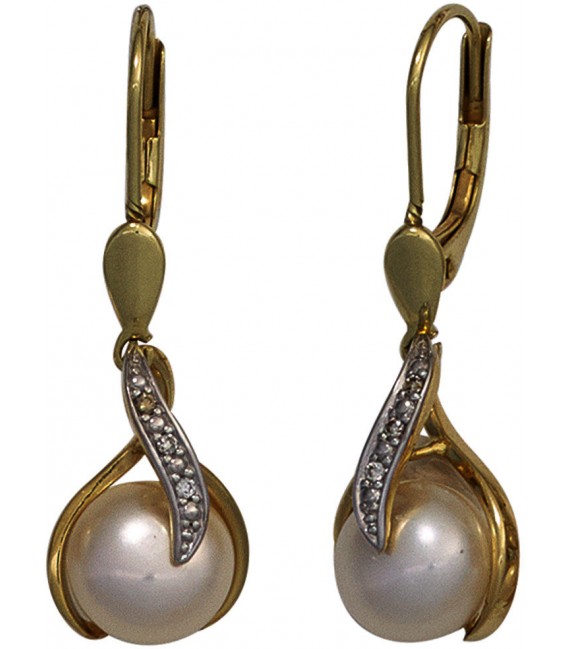 Boutons 585 Gold Gelbgold 2 Süßwasser Perlen 6 Diamanten Ohrringe Ohrhänger Bild1