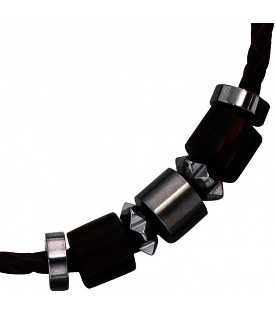 Collier Halskette Leder schwarz mit Edelstahl und Holz 45 cm Kette Lederkette Bild2