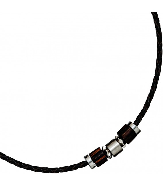 Collier Halskette Leder schwarz mit Edelstahl und Holz 45 cm Kette Lederkette Bild3
