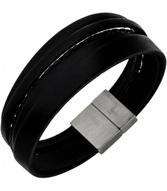 Herren Armband 5-reihig Leder schwarz geflochten Edelstahl 21 cm Herrenarmband Bild1