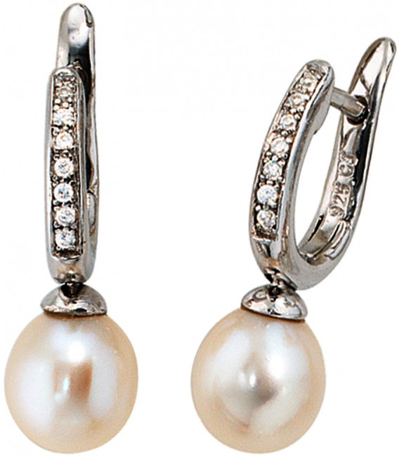 Creolen 925 Silber 2 Süßwasser Perlen 14 Zirkonia Ohrringe Perlenohrringe Bild1