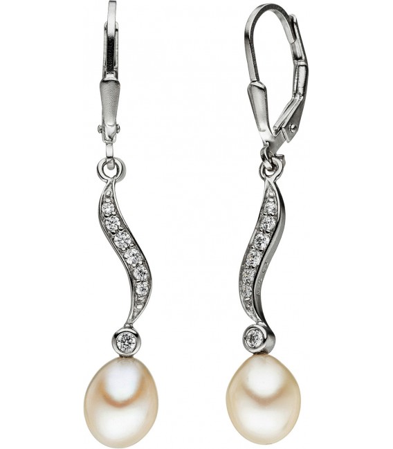Boutons 925 Silber 2 Süßwasser Perlen mit Zirkonia Ohrhänger Perlenohrringe Bild1