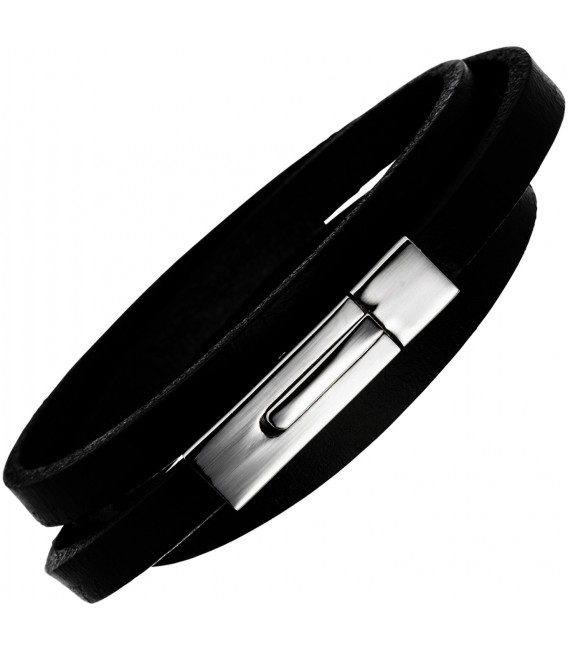 Armband 3-fach gewickelt Leder schwarz mit Edelstahl 185 cm Bild1