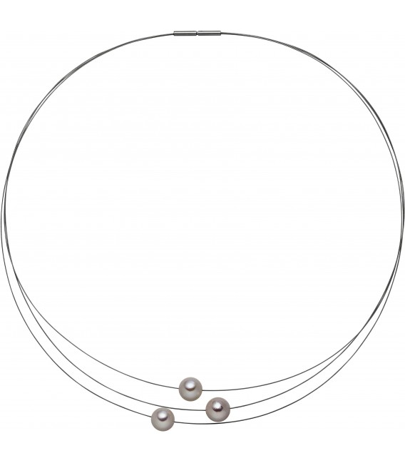 Collier Kette Halskette 3-reihig Edelstahl mit 3 Akoya Perlen 42 cm Bild1