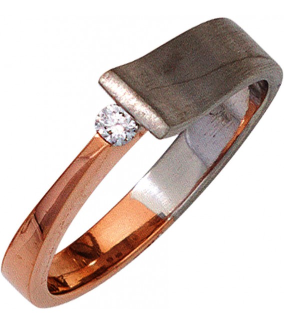 Damen Ring 585 Gold Weißgold Rotgold bicolor teilmatt 1 Diamant Brillant Bild1