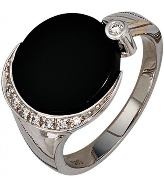 Damen Ring 585 Gold Weißgold 1 Onyx schwarz 8 Diamanten Brillanten Weißgoldring Bild2