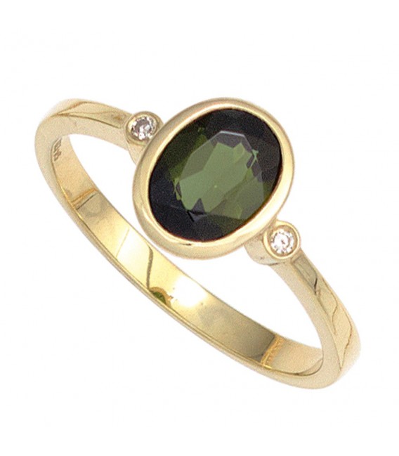 Damen Ring 585 Gold Gelbgold 1 Turmalin grün 2 Diamanten 002ct. Goldring Bild1