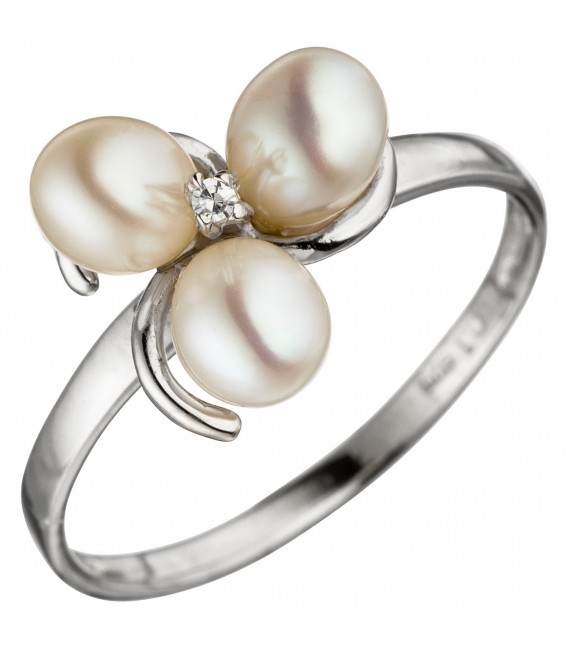 Damen Ring 925 Silber 3 Süßwasser Perlen 1 Zirkonia Perlenring Silberring Bild1