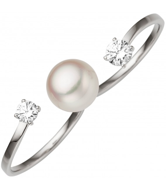 Damen Zweifinger Ring 333 Gold Weißgold 1 Süßwasser Perle 2 Zirkonia Perlenring Bild1