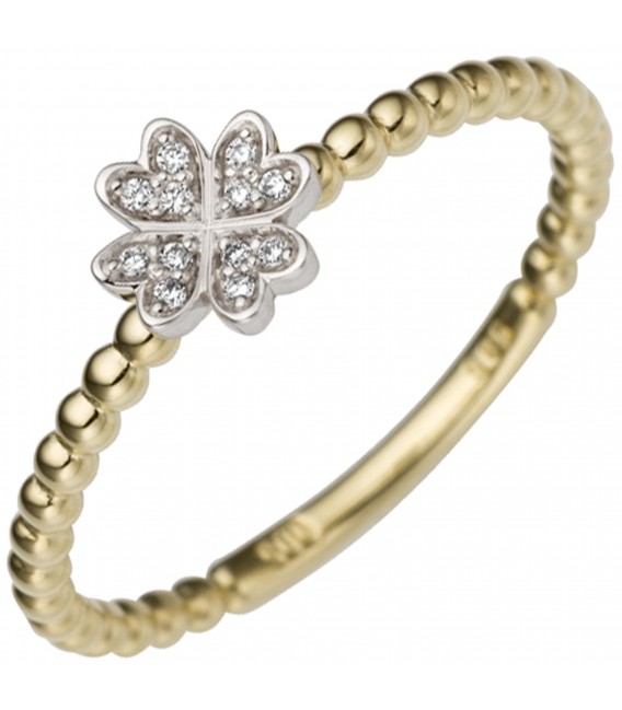 Damen Ring Kleeblatt 585 Gold Gelbgold Weißgold bicolor 12 Diamanten Brillanten Bild1