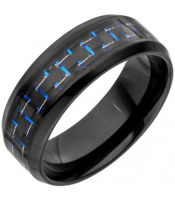 Herren Ring Edelstahl schwarz beschichtet mit Carbon Einlage blau Bild1