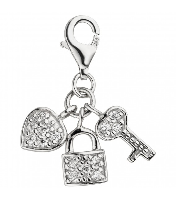 Einhänger Charm Schlüssel zum Herzen 925 Silber 14 Zirkonia Silberanhänger - Bild 1