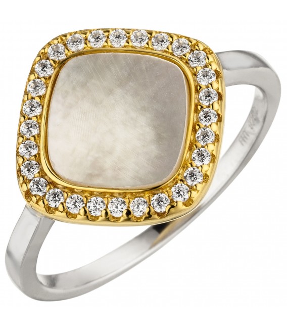 Damen Ring 925 Sterling Silber bicolor vergoldet Perlmutt 28 Zirkonia - Bild 1