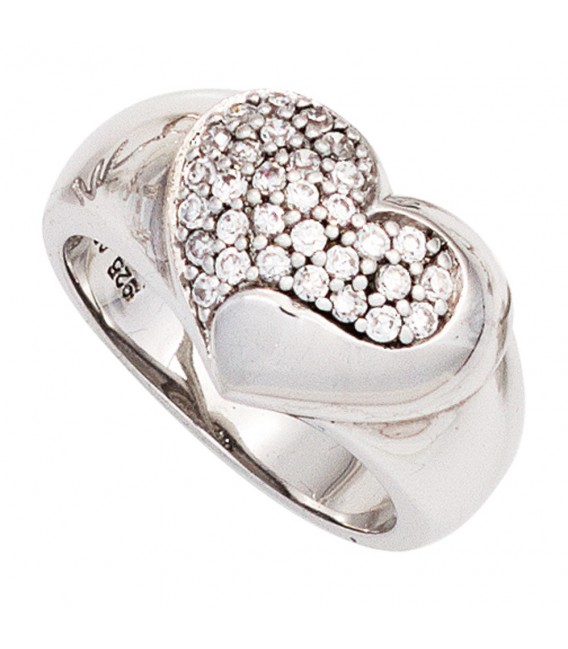 Damen Ring Herz breit 925 Sterling Silber rhodiniert mit Zirkonia Silberring - Bild 1