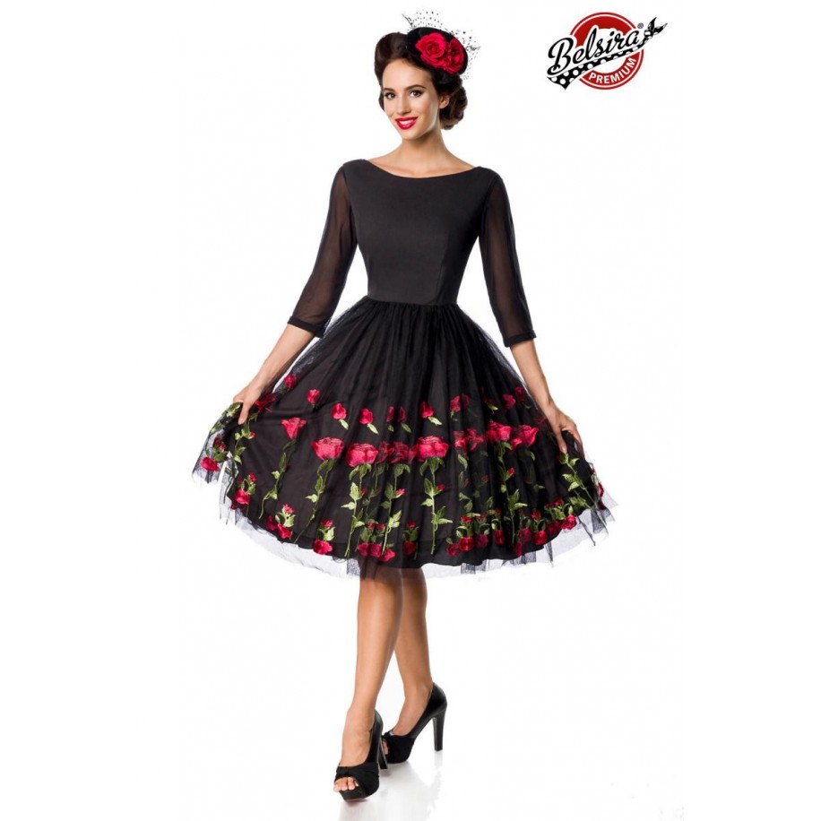 besticktes Premium Vintage Swingkleid schwarz - AT50148