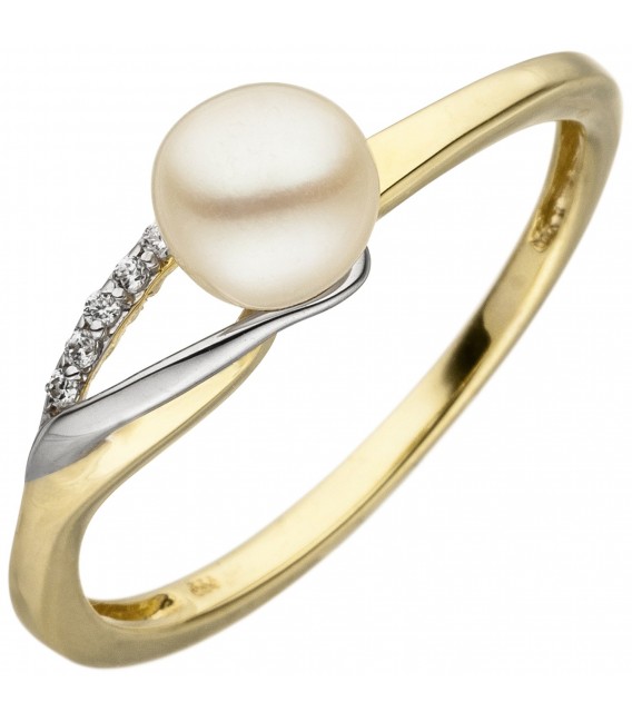 Damen Ring 333 Gelbgold Weißgold bicolor 1 Süßwasser Perle 6 Zirkonia - Bild 1