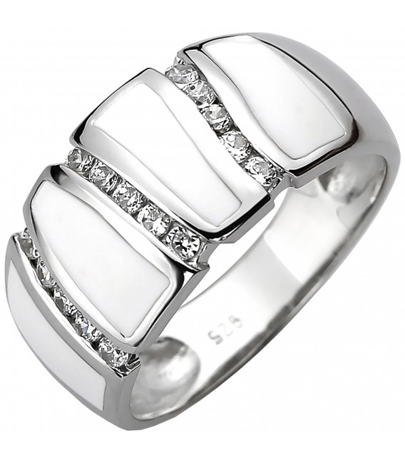 Damen Ring 925 Sterling Silber 15 Zirkonia und weiße Emaille-Einlage - Bild 1